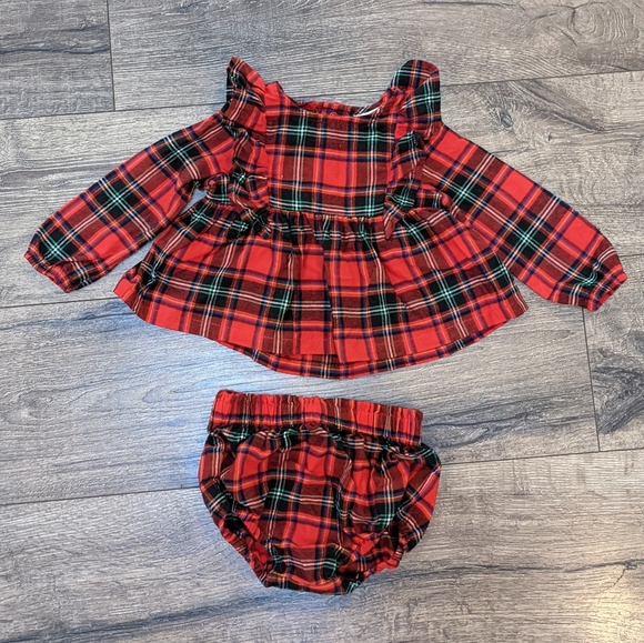 Cat & Jack 12 Month Girl Red Plaid Flannel Ruffle Sleeve Top Dress Christmas - Picture 1 of 4